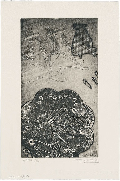 Artist: b'WALKER, Murray' | Title: b'Stella and safety pins.' | Date: 1972 | Technique: b'softground-etching, printed in black ink, from one plate'