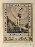 Artist: FEINT, Adrian | Title: Bookplate: Olive Pink. | Date: 1929 | Technique: etching, printed in brown ink with plate-tone, from one plate | Copyright: Courtesy the Estate of Adrian Feint
