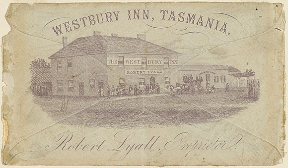 Artist: b'UNKNOWN ENGRAVER,' | Title: b'Advertisement: Westbury Inn, Tasmania. Robert Lyall, proprietor.' | Date: c.1845 | Technique: b'engraving, printed in purple ink, from one copper plate'