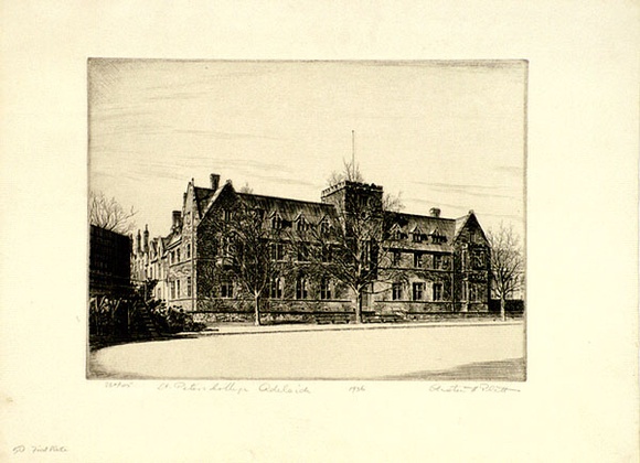 Artist: b'PLATT, Austin' | Title: b'St Peters College, Adelaide [1].' | Date: 1936 | Technique: b'etching, printed in black ink, from one plate'