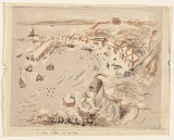 Artist: b'MACQUEEN, Mary' | Title: b'Half-moon Bay' | Date: 1957 | Technique: b'lithograph, printed in colour, from multiple plates; linocut, printed in grey ink, from one block' | Copyright: b'Courtesy Paulette Calhoun, for the estate of Mary Macqueen'