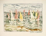 Artist: Woolcock, Marjorie. | Title: Yachts at Dromana | Date: 1950s | Technique: linocut, printed in colour, from mutliple blocks; hand-coloured