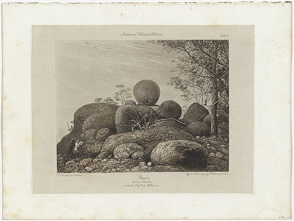 Artist: b'Blandowski, William.' | Title: b'Yauan. Granite boulders 45 miles N by W of Melbourne.' | Date: 1855-56 | Technique: b'etching, engraving and lavis, printed in black ink, from one copper plate'