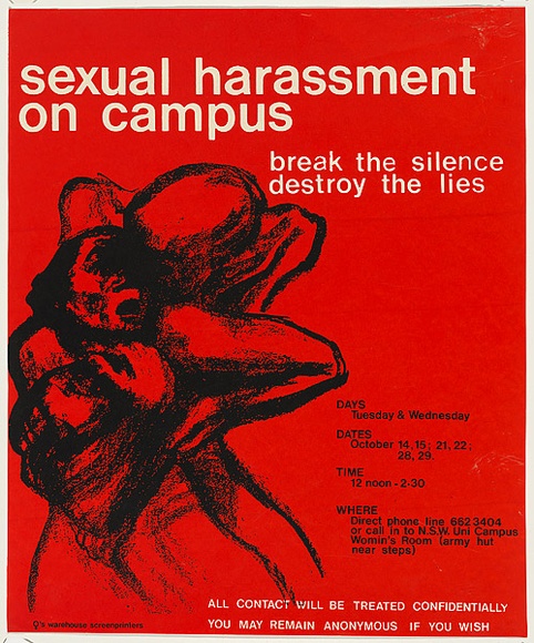 Artist: bWomen's Warehouse Screenprinters. | Title: b'Sexual harassment on campus' | Date: 1980 | Technique: b'screenprint, printed in colour, from two stencils'