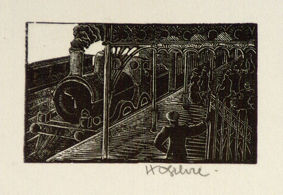 Artist: b'OGILVIE, Helen' | Title: b'not titled [Steam train at Spencer Street Station, 1899]' | Date: (1947) | Technique: b'wood-engraving, printed in black ink, from one block'