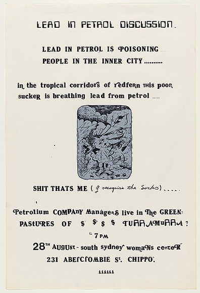 Artist: b'WORSTEAD, Paul' | Title: b'Lead in Petrol Discussion.' | Date: 1977 | Technique: b'screenprint, printed in colour, from two stencils,' | Copyright: b'This work appears on screen courtesy of the artist'