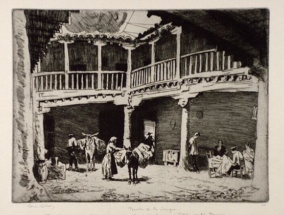 Artist: b'LINDSAY, Lionel' | Title: b'Posada de la sangre, Toledo' | Date: 1926 | Technique: b'etching, printed in warm black ink with plate-tone, from one plate' | Copyright: b'Courtesy of the National Library of Australia'