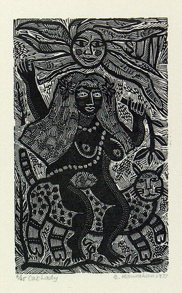 Artist: b'HANRAHAN, Barbara' | Title: b'Cat lady' | Date: 1977 | Technique: b'wood-engraving, printed in black ink, from one block'