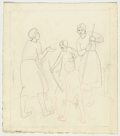 Artist: b'Spowers, Ethel.' | Title: bDrawing relating to the linocut 'A new orchard' | Date: (c.1933) | Technique: b'pencil, traced over in red pencil for linocut'