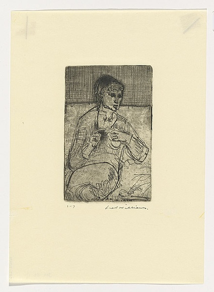 Artist: b'WILLIAMS, Fred' | Title: b'Woman filing her nails' | Date: 1955-56 | Technique: b'etching, deep etch and engraving, printed in black ink, from one copper plate' | Copyright: b'\xc2\xa9 Fred Williams Estate'