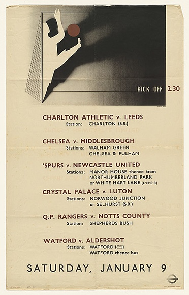 Artist: b'Beck, Richard.' | Title: b'Kick off at 2.30, Saturday, January 9.' | Date: c.1936 | Technique: b'lithograph, printed in colour, from multiple plates'