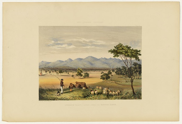 Artist: b'Angas, George French.' | Title: b'Lynedoch Valley, looking towards the Barossa Range.' | Date: 1846-47 | Technique: b'lithograph, printed in colour, from multiple stones; varnish highlights by brush'