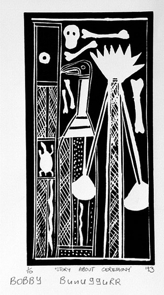 Artist: b'Bununggurr, Bobby.' | Title: b'Story about ceremony' | Date: 1993 | Technique: b'linocut, printed in black ink, from one block'