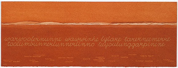 Artist: b'MADDOCK, Bea' | Title: b'Terra Spiritus...with a darker shade of pale' | Date: 1993-98 | Technique: b'stencil print, printed in hand-ground Launceston ochre from multiple hand-cut mylar stencils; letterpress text blind printed; hand-drawn script'