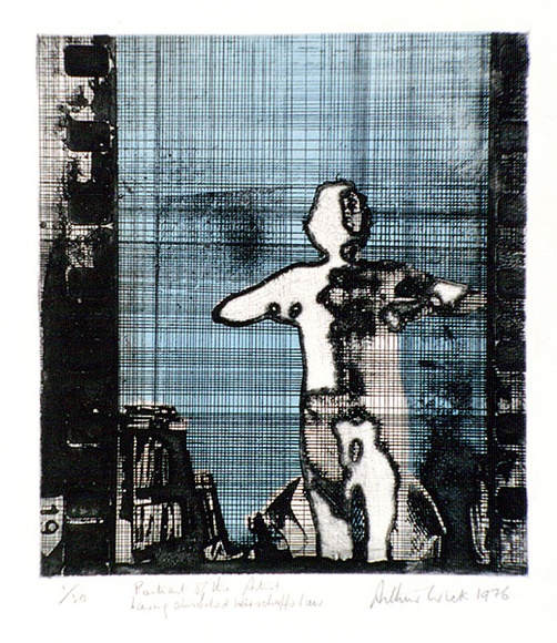 Artist: b'WICKS, Arthur' | Title: bPortrait of the artist having absorbing Kirschoff's law | Date: 1976 | Technique: b'etching, printed in colour, from one plate'