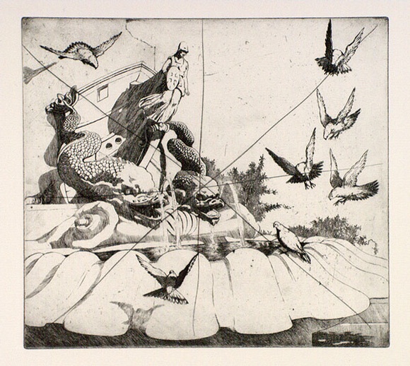 Artist: b'FEINT, Adrian' | Title: b'(Fountain with pigeons).' | Date: c.1922 | Technique: b'etching, printed in black ink, from one plate' | Copyright: b'Courtesy the Estate of Adrian Feint'