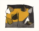 Artist: b'BALDESSIN, George' | Title: b'Pears (yellow version).' | Date: 1972 | Technique: b'etching and aquatint, printed in black ink, from one shaped plate; over stencil, printed in gradated colour roll, from six stencils.'