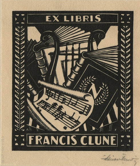 Artist: b'FEINT, Adrian' | Title: b'Bookplate: Francis Clune.' | Date: (1927) | Technique: b'wood-engraving, printed in black ink, from one block' | Copyright: b'Courtesy the Estate of Adrian Feint'