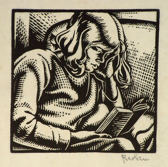 Artist: b'Hawkins, Weaver.' | Title: b'(Girl reading a book)' | Date: c.1928 | Technique: b'woodcut, printed in black ink, from one block' | Copyright: b'The Estate of H.F Weaver Hawkins'