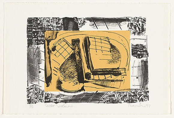 Artist: b'Marsden, David' | Title: b'Soldier settlement' | Date: 1997, February | Technique: b'lithograph, printed in colour, from two stones; chine colle'