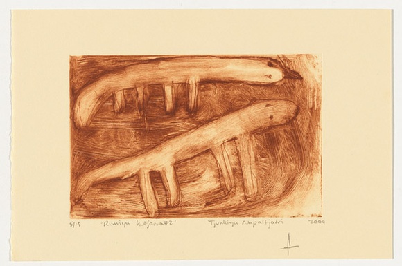 Artist: b'Napaltjarri, Tjunkiya.' | Title: b'Rumiya kutjarra #2' | Date: 2004 | Technique: b'drypoint etching, printed in brown ink, from one perspex plate'