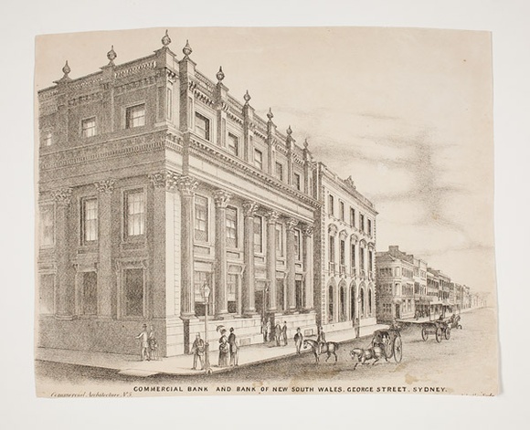 Title: b'Commercial Bank and Bank of New South Wales, George Street, Sydney' | Date: c.1880s | Technique: b'lithograph, printed in black ink, from one stone [or plate]'