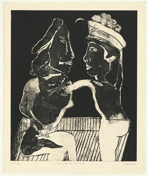 Artist: b'Sibley, Andrew.' | Title: b'In love with the cat lady' | Date: 1997 | Technique: b'etching, printed in black ink, from one plate'