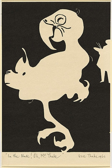 Artist: b'Thake, Eric.' | Title: b'Greeting card: Christmas (In the Nude! Oh, Mr Thake)' | Date: 1963 | Technique: b'linocut, printed in black ink, from one block'