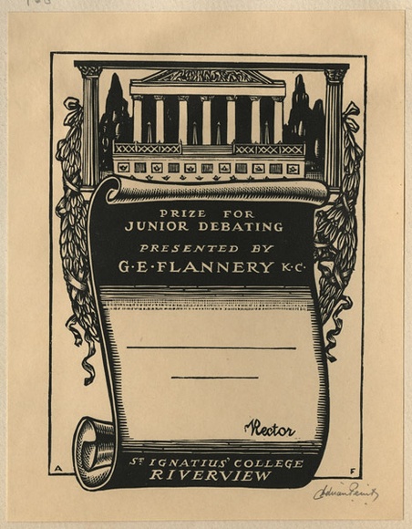 Artist: b'FEINT, Adrian' | Title: b'Bookplate: Prize for Junior Debating.' | Date: (1935) | Technique: b'wood-engraving, printed in black ink, from one block' | Copyright: b'Courtesy the Estate of Adrian Feint'