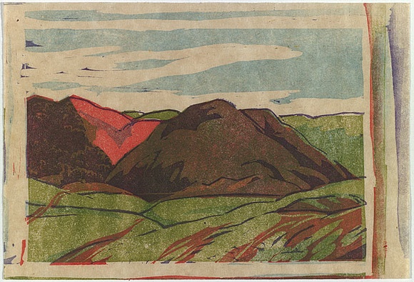 Artist: b'Bell, George..' | Title: b'(Hills).' | Date: 1936 | Technique: b'linocut, printed in colour, from multiple blocks'