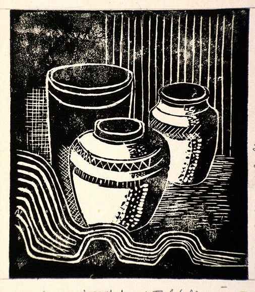 Artist: b'Kingston, Amie.' | Title: b'Still life design for Hobart Technical College 100th birthday exhibition' | Date: 1987 | Technique: b'linocut, printed in black ink, from one block'