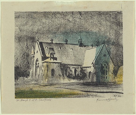Artist: b'Jack, Kenneth.' | Title: bSt Mary's Church of England, Caulfield | Date: 1952 | Technique: b'lithograph, printed in colour, from three zinc plates' | Copyright: b'\xc2\xa9 Kenneth Jack. Licensed by VISCOPY, Australia'