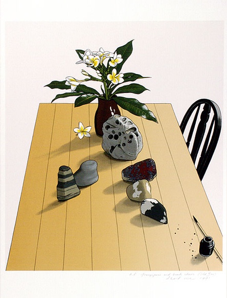 Artist: b'Rose, David.' | Title: b'Frangipani and beach stones (old bar)' | Date: 1991 | Technique: b'screenprint, printed in colour, from multiple stencils'