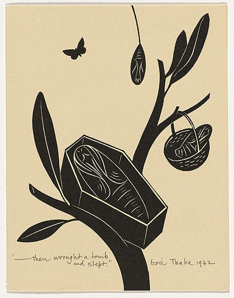 Artist: b'Thake, Eric.' | Title: b'Greeting card: Christmas (...Then wrought a tomb and slept)' | Date: 1942 | Technique: b'linocut, printed in black ink, from one block'