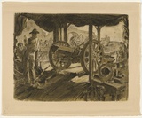 Artist: Dyson, Will. | Title: Ordinance workshops, Cambrai Road. | Date: 1918 | Technique: lithograph, printed in colour, from two stones (black and green)