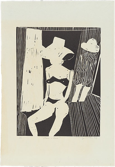 Artist: b'WALKER, Murray' | Title: b'Karen and mirror.' | Date: 1969 | Technique: b'linocut, printed in black ink, from one block'