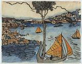 Artist: b'PRESTON, Margaret' | Title: b'The boat, Sydney Harbour.' | Date: c.1920 | Technique: b'woodcut, printed in black ink, from one block; hand-coloured' | Copyright: b'\xc2\xa9 Margaret Preston. Licensed by VISCOPY, Australia'