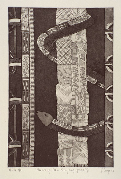 Artist: b'Couzens, Vicki.' | Title: b'Meerreng teen kuuyany gunditj' | Date: 2000, June | Technique: b'etching and aquatint, printed in black ink, from one plate' | Copyright: b'\xc2\xa9 V. Couzens'