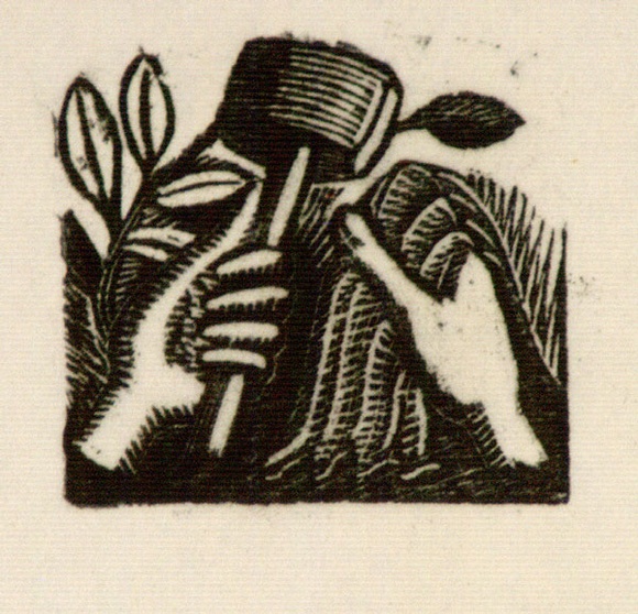 Artist: b'OGILVIE, Helen' | Title: b'(Hands with hammer and cloth)' | Technique: b'wood-engraving, printed in black ink, from one block'