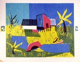 Artist: b'Brash, Barbara.' | Title: b'Landscape with red bridge.' | Date: c.1954 | Technique: b'linocut, printed in colour, from five blocks'