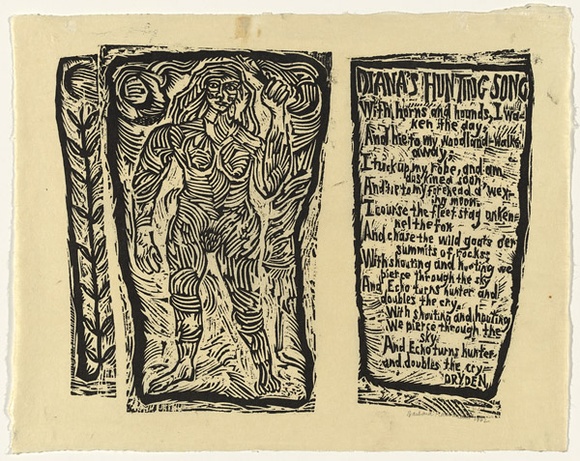 Artist: b'HANRAHAN, Barbara' | Title: bDiana's hunting song | Date: 1962 | Technique: b'linocut, printed in black ink, from three blocks'