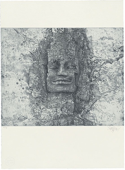 Title: b'Face above the west gate of Angkor Thom' | Date: 1999 | Technique: b'etching and aquatint, printed in blue/black ink, from one plate'