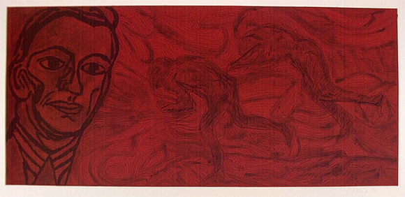 Artist: bL'Estrange, Sally. | Title: b'not titled [red]' | Date: 1984 | Technique: b'etching, printed in red and black ink, from two plate'