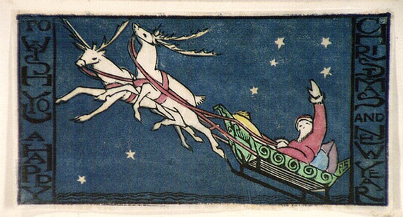 Artist: b'Spowers, Ethel.' | Title: b'Greeting card: To wish you a happy Christmas and New Year, 1929' | Date: 1929 | Technique: b'linocut, printed in colour, from multiple blocks'