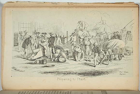 Artist: b'STRUTT, William' | Title: b'Gold diggings of Victoria preparing to start.' | Date: 1851 | Technique: b'engraving, printed in colour, from multipe copper plates'