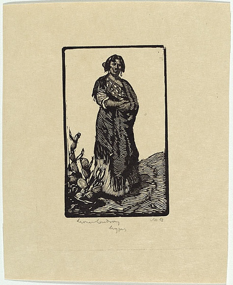 Artist: b'LINDSAY, Lionel' | Title: b'Gypsy' | Date: 1922 | Technique: b'wood-engraving, printed in black ink, from one block' | Copyright: b'Courtesy of the National Library of Australia'