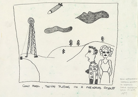 Artist: b'Weedenberg, Patricia.' | Title: bGolly Mabel, they're putting on a fireworks display. (Cartoon for the proposed Omega navigation base at Woodside, Gippsland | Date: (1977) | Technique: b'pencil'