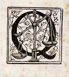 Artist: LINDSAY, Lionel | Title: (Initial letter Q with scales) | Date: 1950 | Technique: wood-engraving, printed in black ink, from one block | Copyright: Courtesy of the National Library of Australia