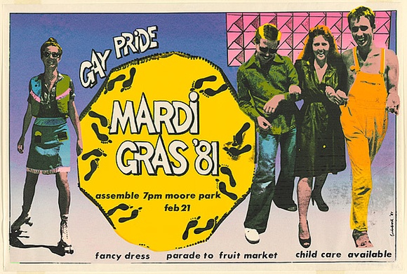 Artist: b'White, Sheona.' | Title: bGay Pride - Mardi Gras '81. | Date: 1981 | Technique: b'screenprint, printed in colour, from six stencils'