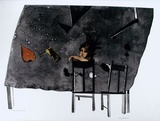 Artist: BALDESSIN, George | Title: Banquet for no eating no 2. | Date: 1971 | Technique: etching and aquatint, printed in black ink, from five shaped plates; stencil, printed in colour ink, from 3 stencils.